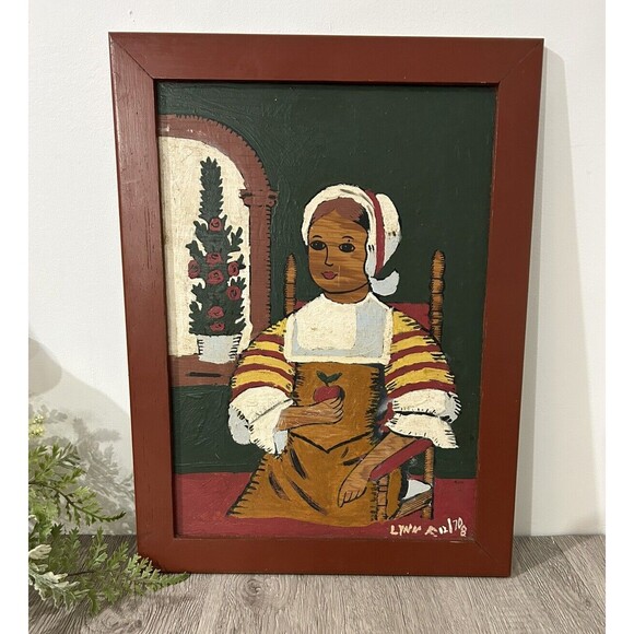 Vintage Primitive Folk Art Painting On Board Girl With Apple Portrait PA Dutch - Picture 1 of 9